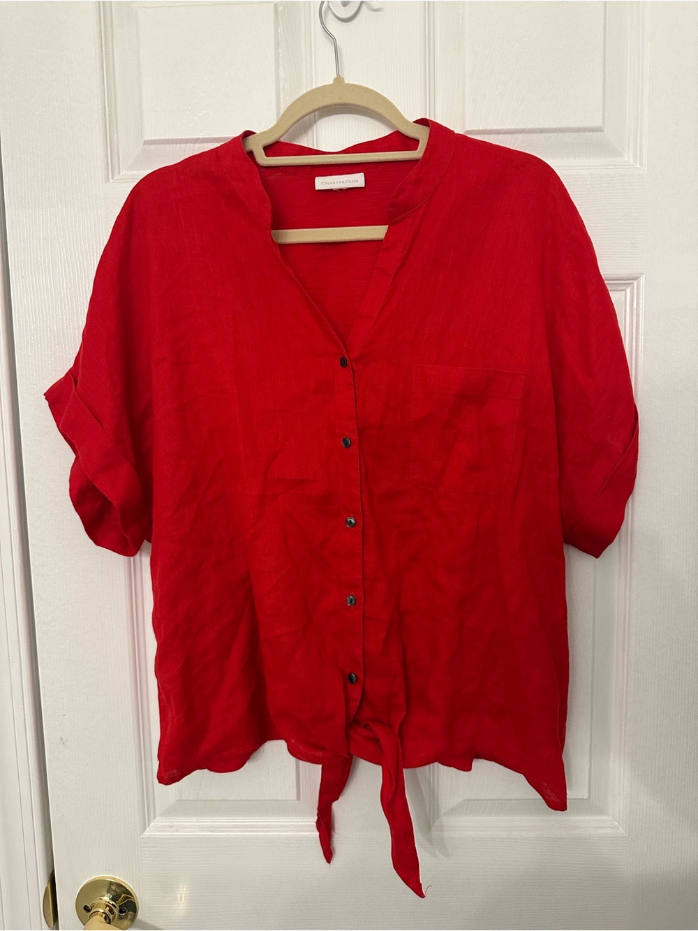 Charter Club Linen Red Button-Front Tie Hem Shirt
